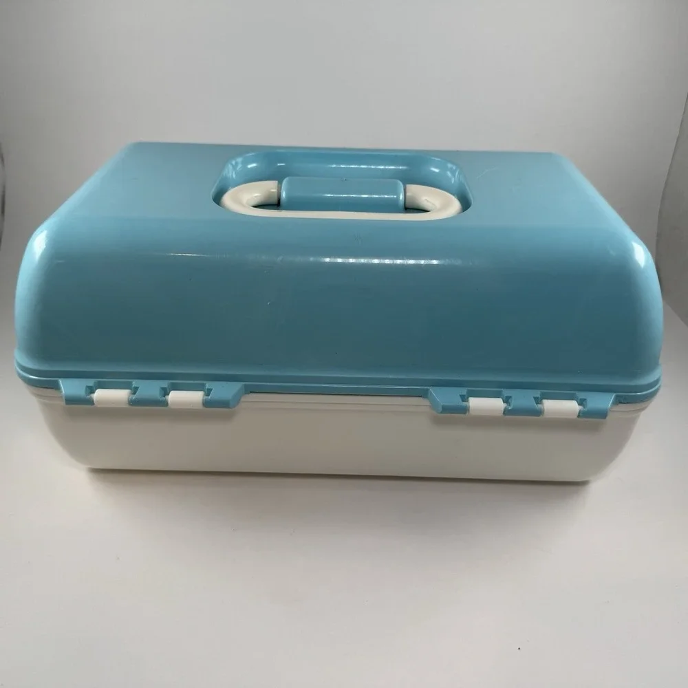 Vintage Caboodles Makeup Case Blue White 90s Cosmetic Organizer Mirror Latch Box